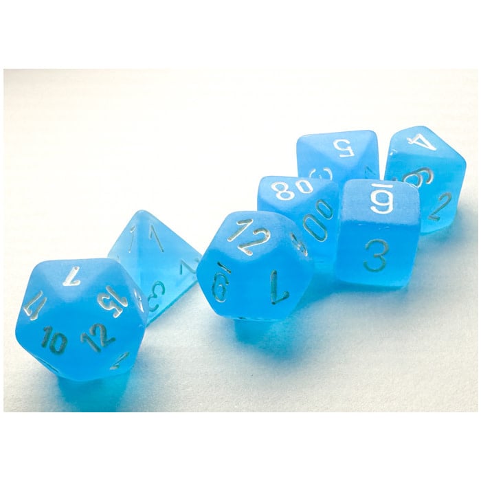Mini Frosted Caribbean Blue with White poly 7 dice set
