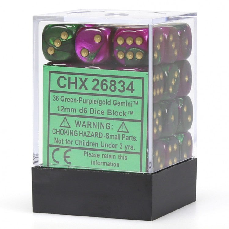 Green-Purple w/gold Gemini 12mm d6 dice set