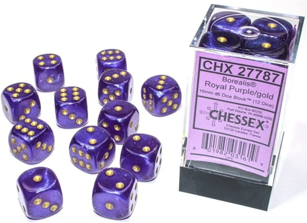 Royal Purple w/gold 16mm Borealis Luminary Dice Set