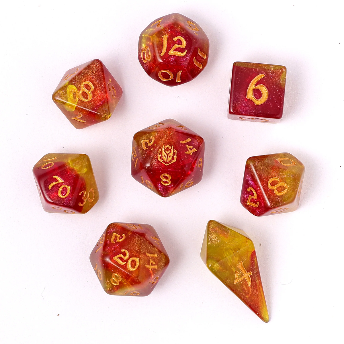Wyrmforged Rollers - Rounded Edge 8 Piece Polyhedral Dice set-Phoenix Feather
