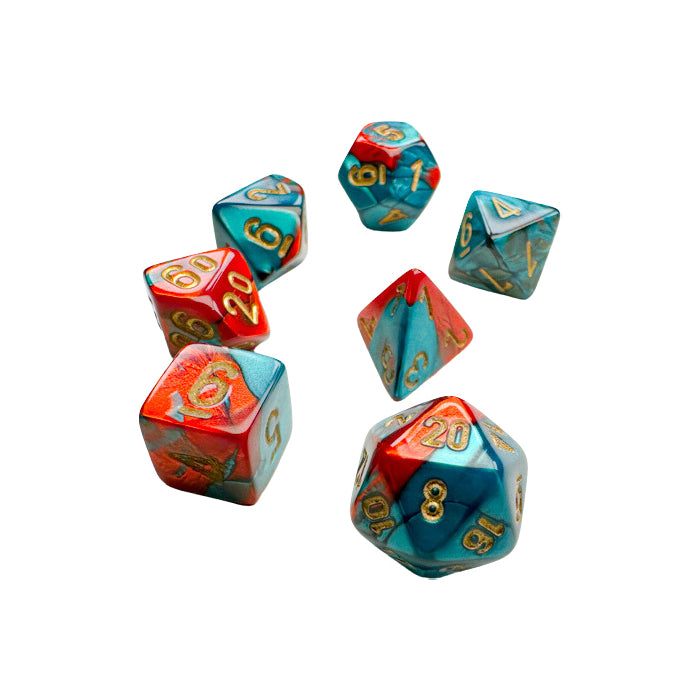 Mini Gemini Red Teal with Gold poly 7 dice set