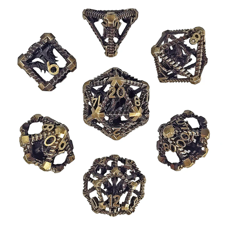 Dragon's Immure Antique Gold Hollow Metal Poly 7 Dice Set
