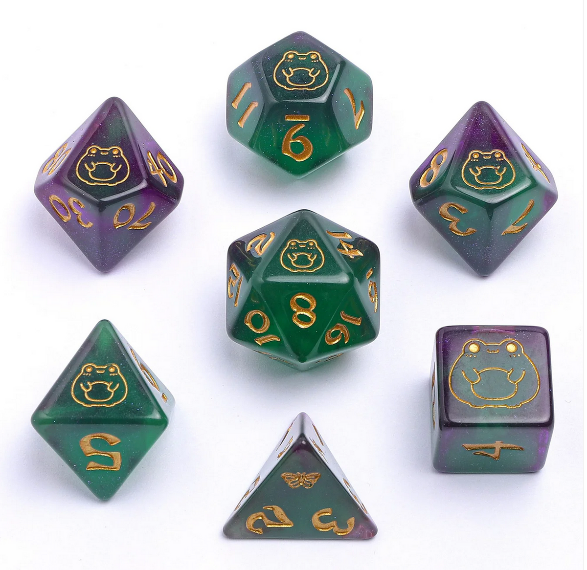 Bog Frog with Gold Glow in the Dark Poly 7 Dice Set