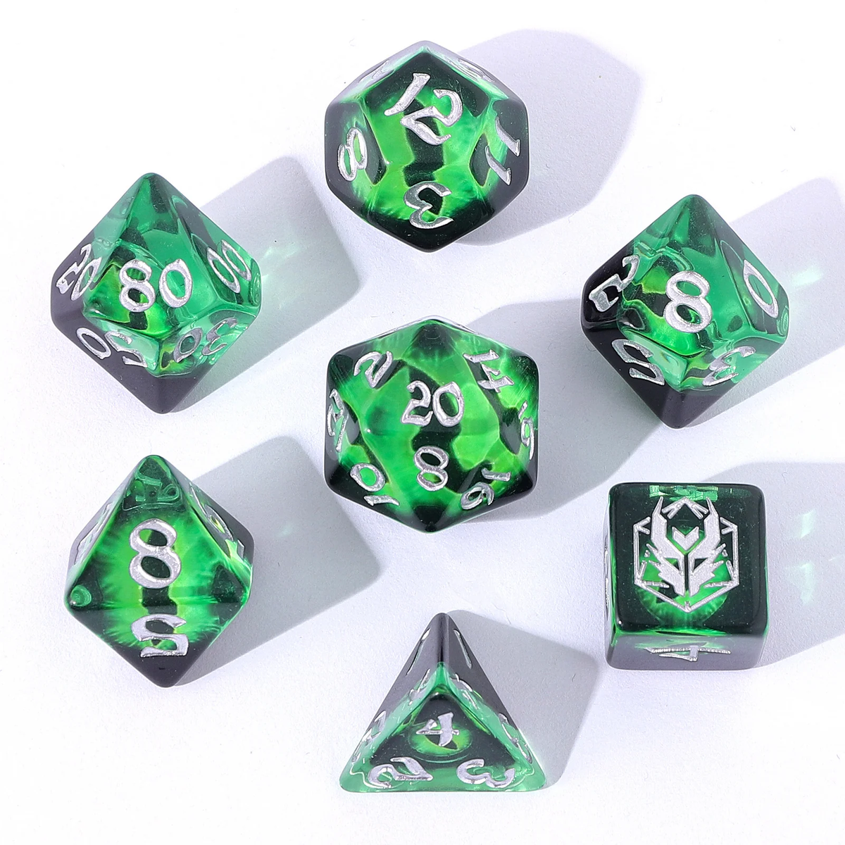 Wyrmforged Rollers  - Dragon Eye Green - Rounded Poly 7 Dice Set
