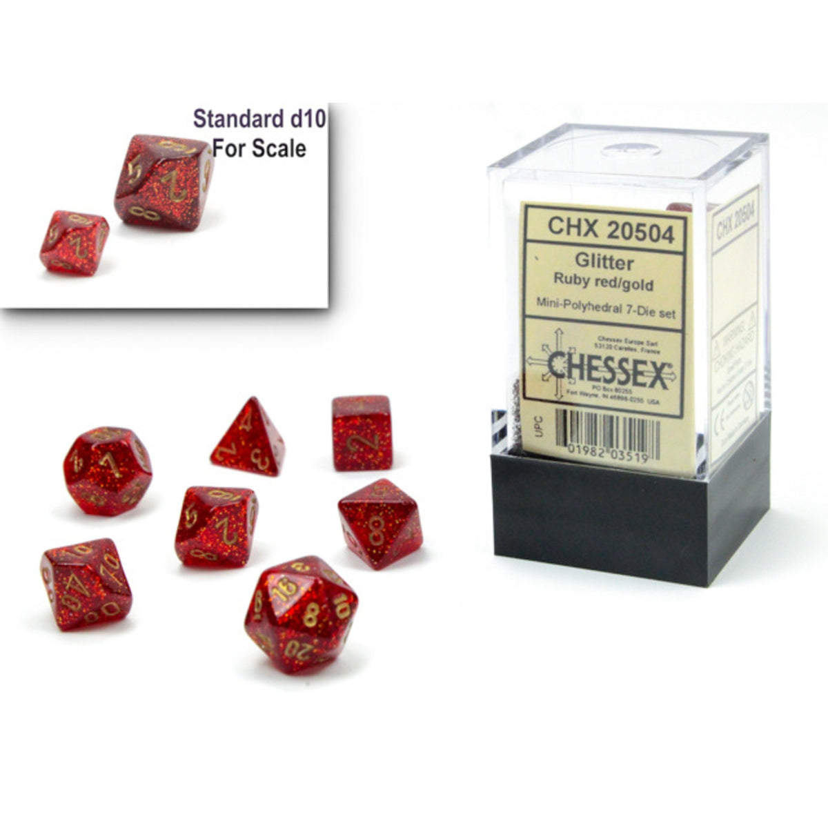Glitter Ruby red/gold Mini-Poly 7 Dice Set