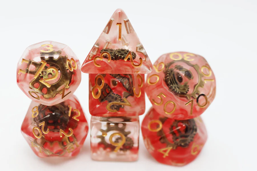 Red Swirl Ancient Gear Poly 7 Dice Set