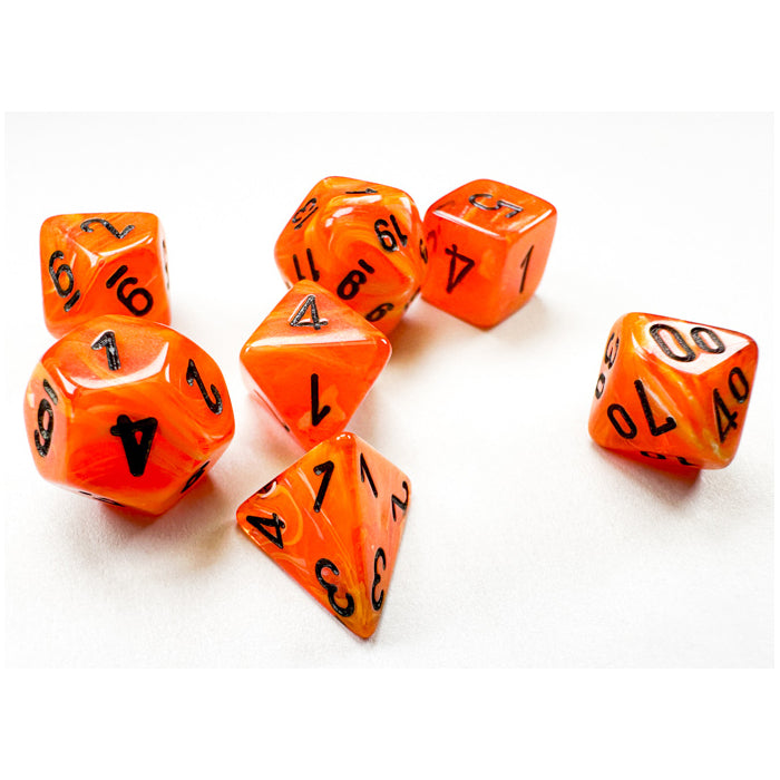 Mini Vortex Orange with Black poly 7 dice set