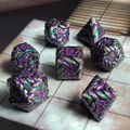 Cosmic Energy Matte Gunmetal Purple Green Metal Poly 7 Dice Set