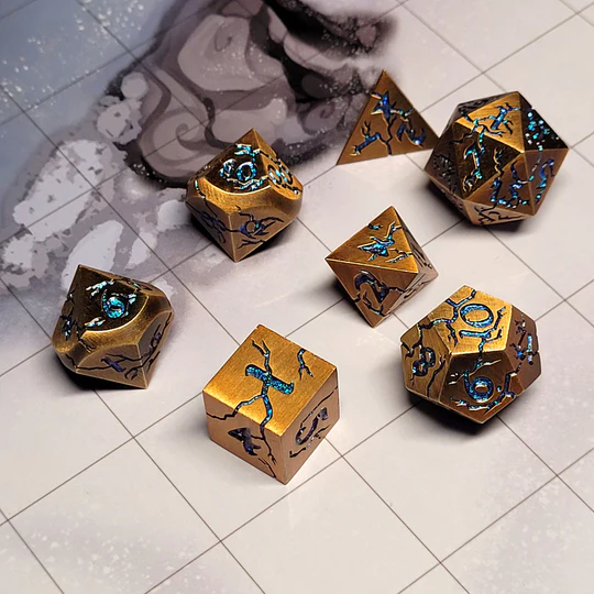 Cracked Bronze with Blue Glitter Set of 7 Metal Dice Set
