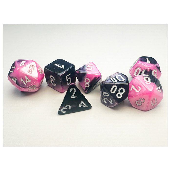 Mini Gemini Black Pink with White poly 7 dice set