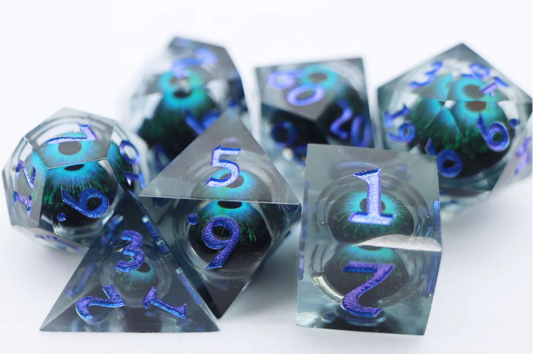 Sharp Edge Moving Eye Blue Cyclops Poly 7 Dice Set