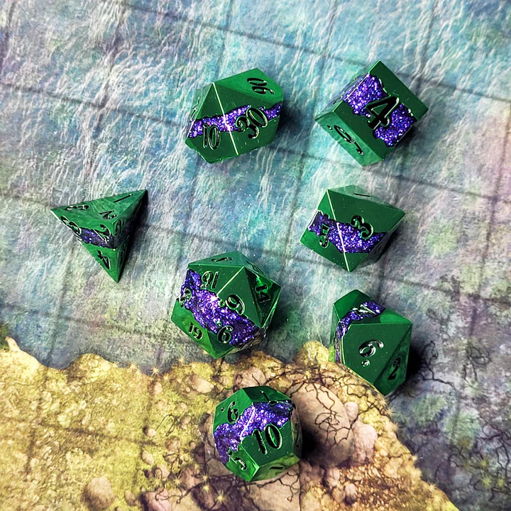 Galactic Flow Green Purple Metal Poly 7 Dice Set