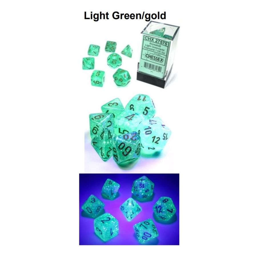 Light Green/gold Borealis Luminary Poly 7 Dice Set