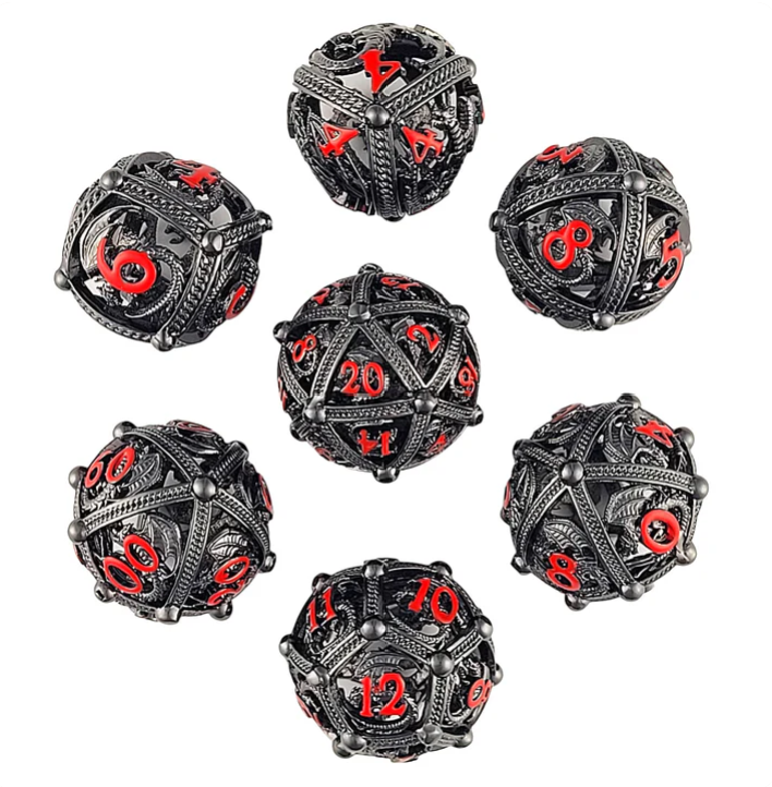 Dragons Bauble Gunmetal Red Hollow Metal Poly 7 Dice Set