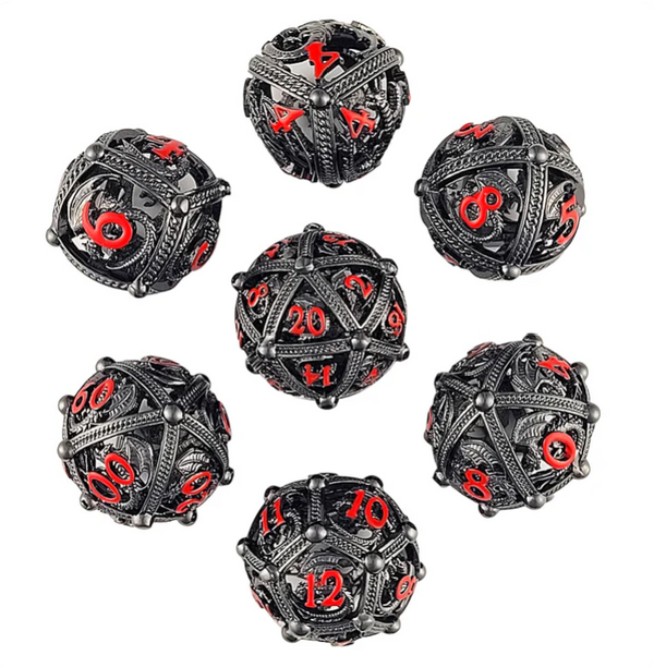 Dragons Bauble Gunmetal Red Hollow Metal Poly 7 Dice Set