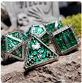 Cryptic Reliquary Silver Green Metal Poly 7 Dice Set